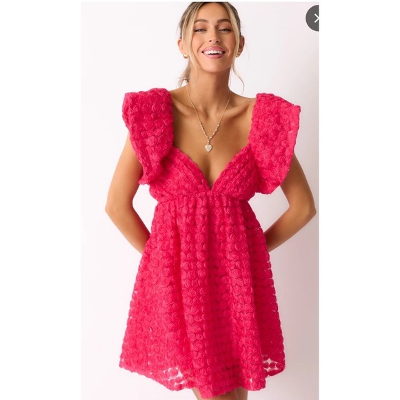 Dresses & Skirts - Meet me in Santorini Rosebud Babydoll Mini Dress Ruffle Cap Sleeve Tie Back Sz M